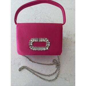 D'Margeaux Fushia Pink Satin‎ Shoulder/Hand Bag Silver Chain Rhinestone NWT